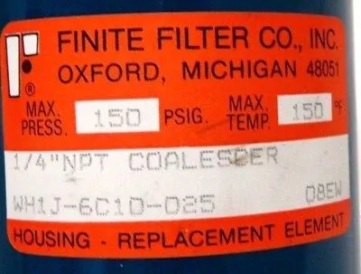 NEW FINITE FILTER CO. WH1J-6C10-025 COALESCING FILTER HOUSING WH1J6C10025
