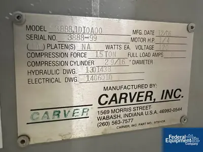 USED Carver 15 Ton Carver Platen Press, Model 3888.1DI0A00