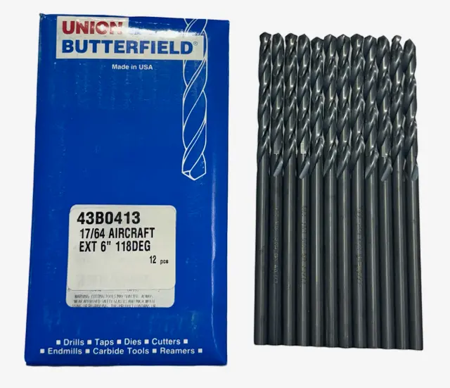 Union Butterfield 17/64" Drill Bit HSS 6" Aircraft Extension Drills 118 Deg 12 Pack USA