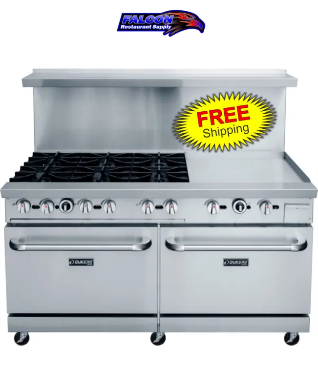 New | in-Stock Dukers New Dukers DCR60-6B24GM 60" Gas Range with Six (6) Open Burners & 24" Flat Top Griddle Commercial Ranges Illinois US | Falcon Restaurant Supply #1376298