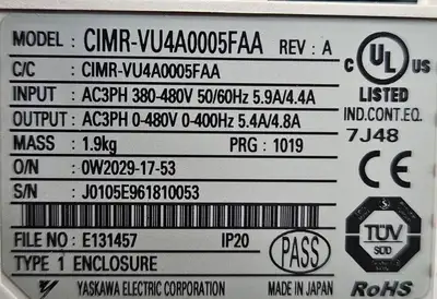 Yaskawa CIMR-VU4A0005FAA with SI-N3/V PRG:1019. V1000 AC Drive. 1B-16