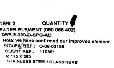 NEW INDUFIL DRR-S-230-D-SPG-AD FILTER ELEMENT (080055402) DRRS230DSPGAD