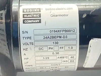 USED BODINE PARALLEL SHAFT DC MOTOR 30:1 83RPM 1/29HP 0.30A 130V