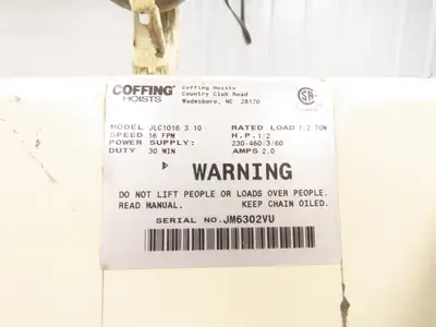 Coffing JLC 1/2 Ton 1000lbs Electric Chain Hoist 16 FPM 16' Lift 230/460V 3PH