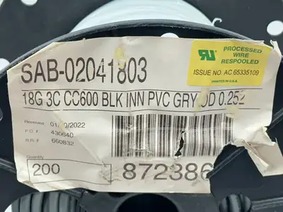 2041803 | SAB  Control Cable 18G 3C CC600 BLK INN PVC GRY OD 0.252 200ft Spool - New