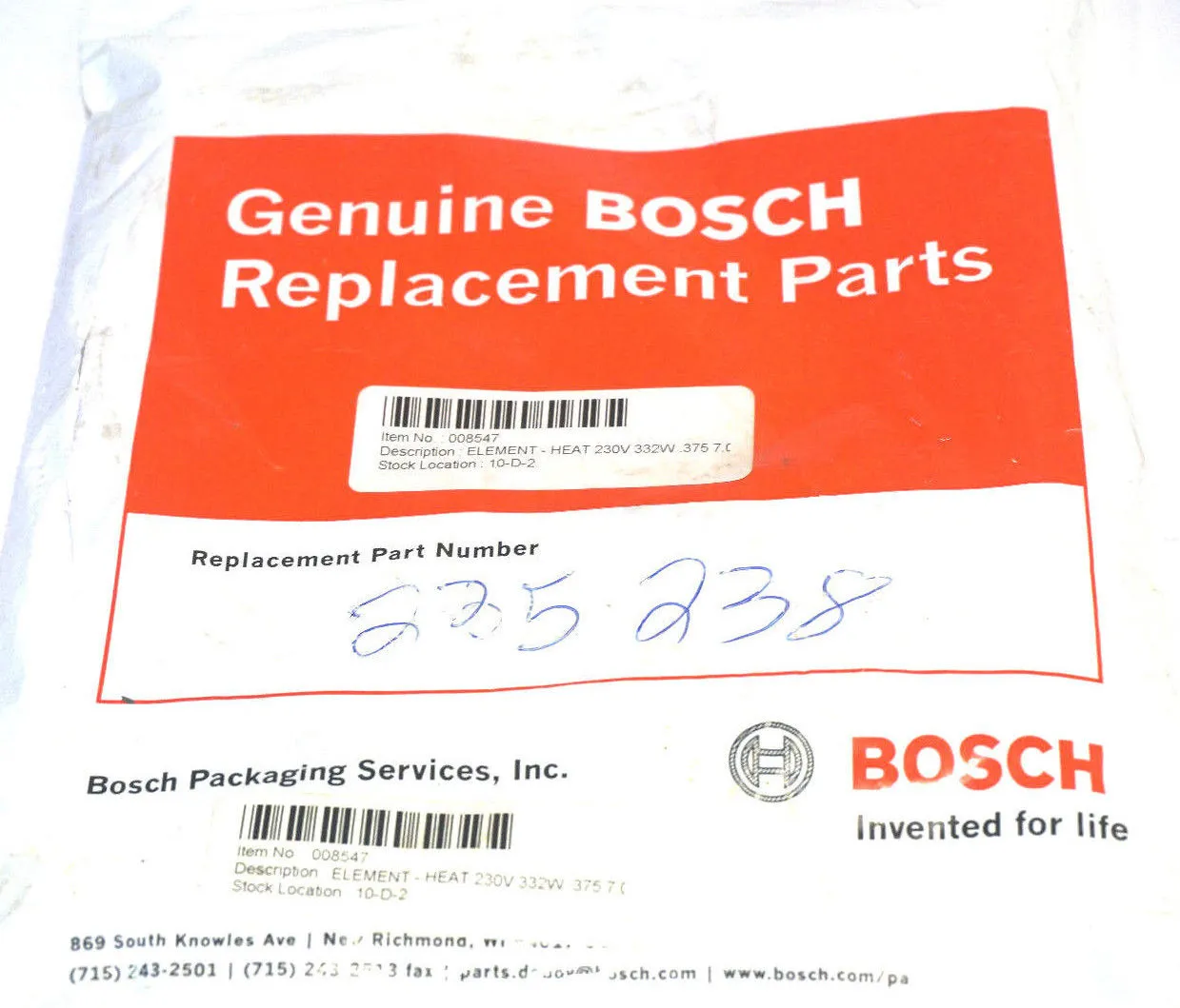 NEW BOSCH 225-238 REPLACEMENT HEAT ELEMENT KIT 225238
