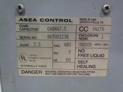 ASEA Control C484G7.5 Individual Capacitor 3-phase 480VAC 60Hz 7.5KVAR