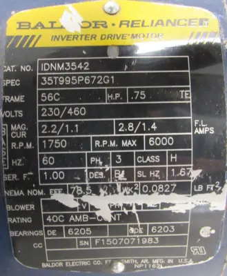 USED NORD SK02XF56C2.0 GEAR MOTOR 230/460V 3/4HP 2.95:1 IDNM3542