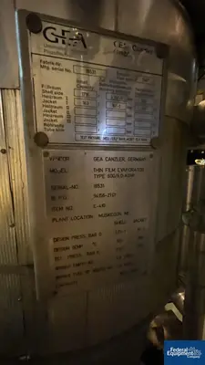 USED GEA 6.3 Sq Meter / 67 Sq Ft GEA Canzler Thin Film Evaporator, 904L S/S, 3.2/16 Bar