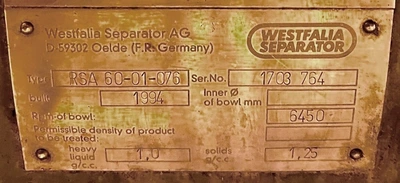 (2) Westfalia RSA 60-01-076 vegetable oil separators, 316SS.