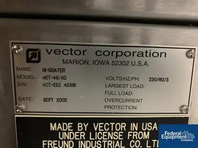 USED Vector 48/60 Vector Hi-Coater Coating Pan, Model HCT-48/60, S/S