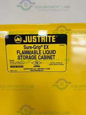USED JUSTRITE 45 GALLON FLAMMABLE LIQUID STORAGE CABINET W/ SOFT CLOSE DOORS, KEYS