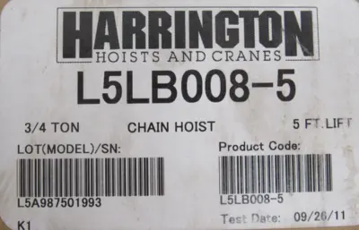 NEW HARRINGTON L5LB008-5 CHAIN HOIST 3/4 TON 5FT LIFT L5LB0085