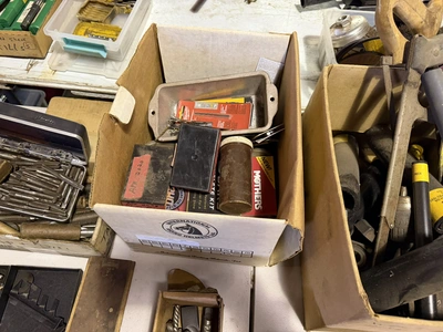 Large lot of assorted hand tools, includes saws, wrenches, sockets, drill bits, Allen extensions, pl...