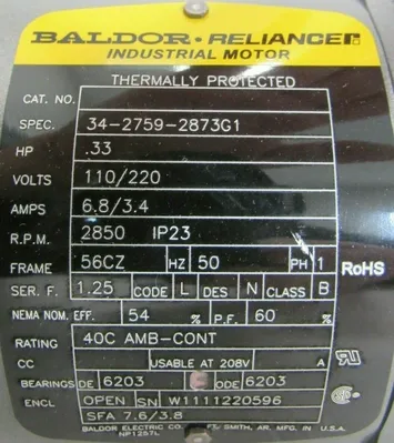 NEW BALDOR 34-2759-2873G1 MOTOR .33HP 110/220V 2850 RPM 56CZ 720.09157.00