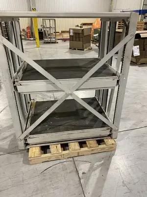 USED PROPER STORAGE SYSTEMS MANUAL ROLL OUT STORAGE DIE SHELVING