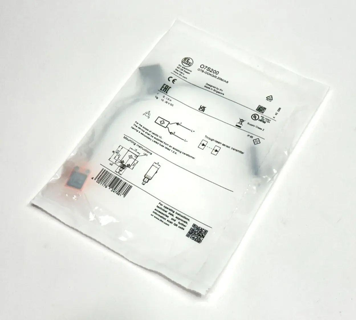 NEW IFM THROUGH-BEAM SENSOR TRANSMITTER, RED LIGHT, O7S-OOKG/0,20M/AS