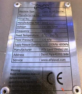 Alfa-Laval LAPX 404 SGP-31G/GC CLARA 20 HF clarifier skid, 316L SS.