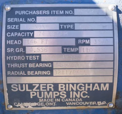 USED SULZER BINGHAM 1.5X3X9CAP