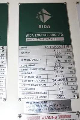 USED 2015 AIDA NC1-2000(2)E