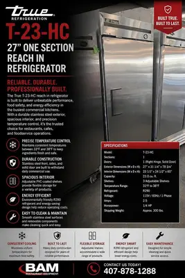 Used: True T-23-HC 27” One Section Reach In Refrigerator, (1) Right Hinge Solid Door, 115vUsed: True T-23-HC 27” One Section Reach In Refrigerator, (1) Right Hinge Solid Door, 115v