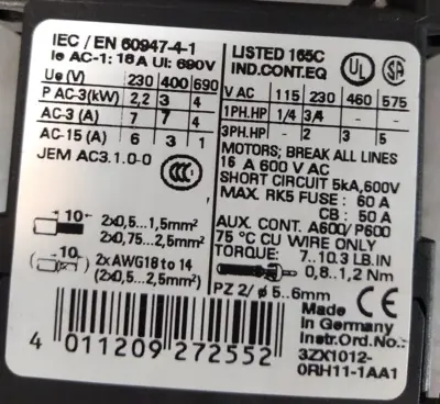 Siemens 3ZX1012-0RH11-1AA1 w/ 3RT1916-1DG00 Circuit Breaker Loc 4E29
