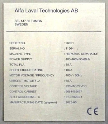 NEW: Alfa-Laval HBPX 6000 blood plasma separator, 316SS.