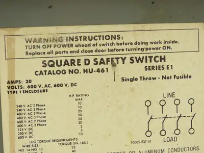 Square D HU461 30A 600V Disconnect Non-Fused