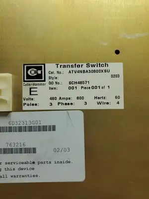 Used Cutler-Hammer ATC-400 (6D32313G01) Transfer Switch, 480V, 800A, 60Hz Switchgears South Carolina US | Palmetto Automation #1541674