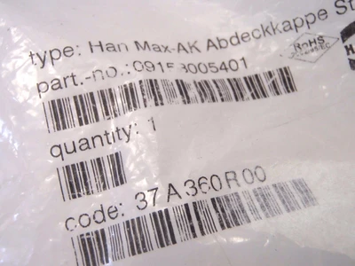 NEW HARTING HAN MAX-AK ABDECKKAPPE STECKS 37A360R00