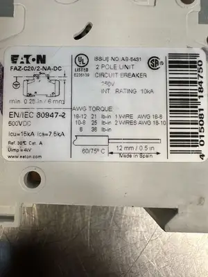 Eaton FAZ-C20/2-NA-DC 2P 500VDC 60947-2 FAZ-C20/2-NA (6.4.3)