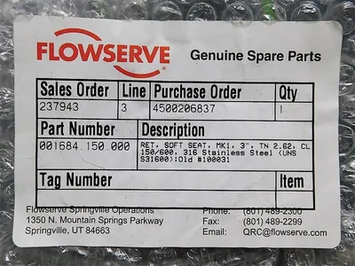 Flowserve 001684.150.000 Ret Soft Seat MK1 3" TN 2.62 CL 150/600 316SS New