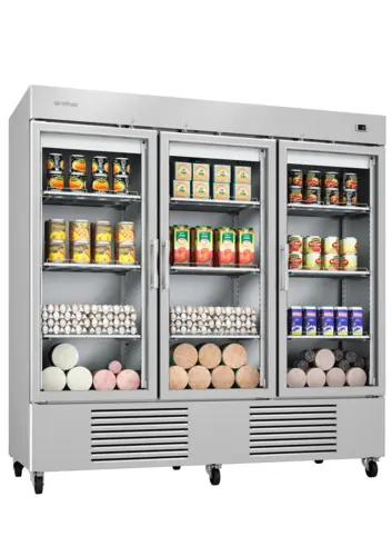 Infrico IRR-AN67CR 82" Three Section Reach In Refrigerator, (3) Left/Right Hinge Glass Doors, 115v