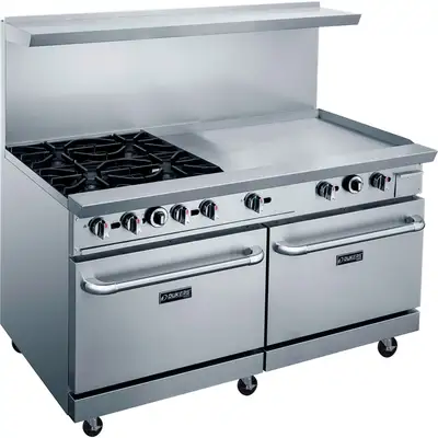 New | in-Stock Dukers New Dukers DCR60-4B36GM 60" Gas Range with Four (4) Open Burners & 36" Flat Top Griddle Commercial Ranges Illinois US | Falcon Restaurant Supply #1376264
