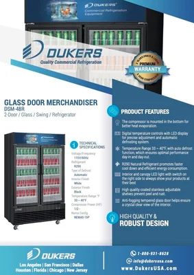 New | in-Stock Dukers New Dukers DSM-48R Commercial Glass Swing 2-Door Merchandising Reach-in Cooler Refrigerator in Black Display Refrigerators Illinois US | Falcon Restaurant Supply #1376360