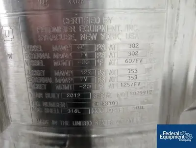 USED Feldmeier 100 Liter Feldmeier Reactor, 316L S/S, 60/125#