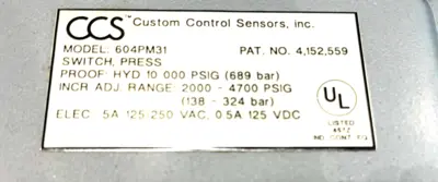 NEW CUSTOM CONTROLSENSORS 604PM31 PRESSURE SWITCH