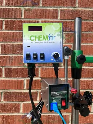 USED CHEMGLASS 10 LITER JACKETED GLASS REACTOR W/ CHEMGLASS DIGITAL OVERHEAD STIRRER