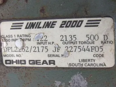 OHIO GEAR DPL2262/2175 U LINE 2000 1/2HP Gearmotor 208-230/460V  Torque 500