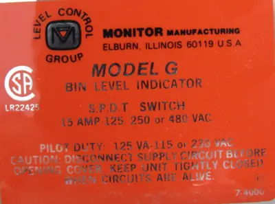 NEW MONITOR TECHNOLOGIES MODEL G BIN LEVEL INDICATOR 7-8100