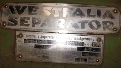 Westfalia SB 14-06-076 clarifier centrifuge, 316SS.