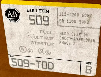 ALLEN BRADLEY 509-TOD FULL VOLTAGE STARTER SER.B 509TOD NEW, SURPLUS