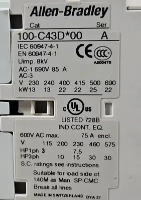 Allen-Bradley 100S-C43DJ14C Ser A (Complete Device). Safety Contactor. 4E-18