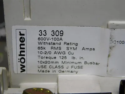 Wohner 33 309 Fuse Block 600V 100A 65k RMS SYM Amps Used