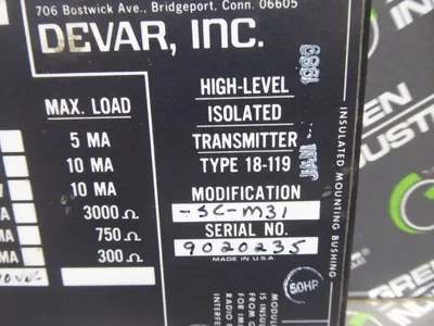 Devar Inc. 18-119-SC-M31 High-Level Isolated Transmitter 4-20 mADC Used