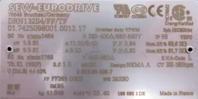 NEW SEW EURODRIVE DRN132S4/FF/TF MOTOR 380-400V/660-690V 5.5KW 1.5" DIA.