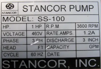 NEW STANCOR SS-100 PUMP 1HP 460V SS100