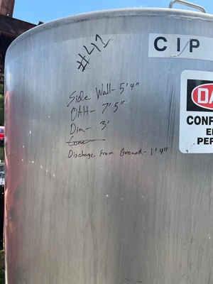 Quanity 2 Stainless Steel CIP Tanks, 200 Gallons each. 90” High x 30” diameter