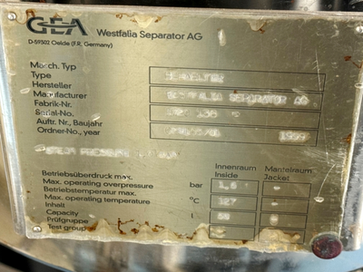 Westfalia CSC 20-06-476 hydro-hermetic clarifier skid.