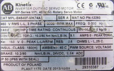 USED ALLEN BRADLEY MPL-B4540F-MK74AA SERVO MOTOR MPLB4540FMK74AA